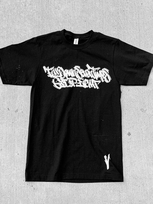 Fitted for vendetta rock bottom tee - fall down seven times get up eight - heavyweight black tee on concrete 